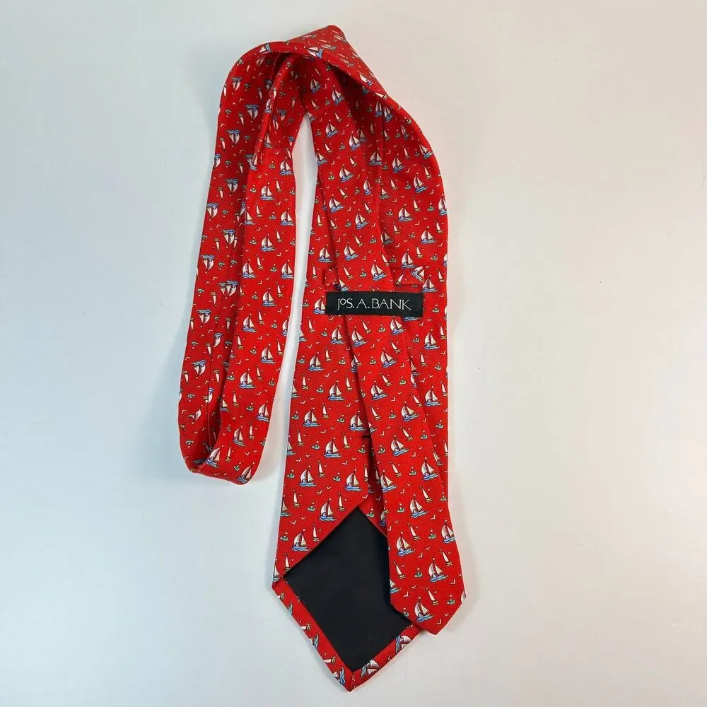 Jos. A. Bank Men's Bright Red Blue Nautical Sailboat Print 100% Silk Tie